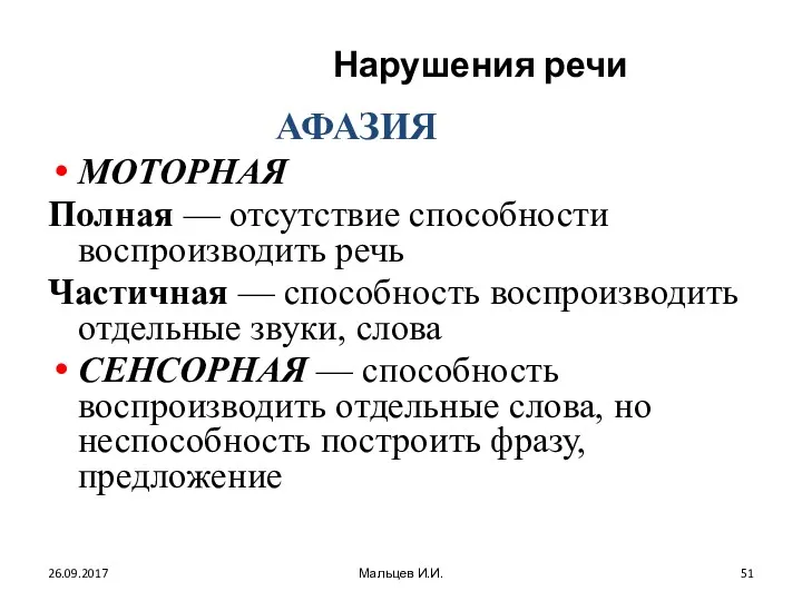 Нарушения речи АФАЗИЯ МОТОРНАЯ Полная — отсутствие способности воспроизводить речь