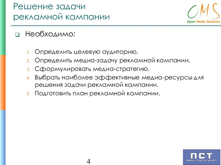 Решение задачи рекламной кампании Необходимо: Определить целевую аудиторию. Определить медиа-задачу