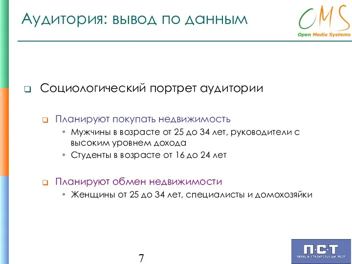 Аудитория: вывод по данным Социологический портрет аудитории Планируют покупать недвижимость