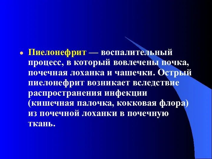 Пиелонефрит — воспалительный процесс, в который вовлечены почка, почечная лоханка