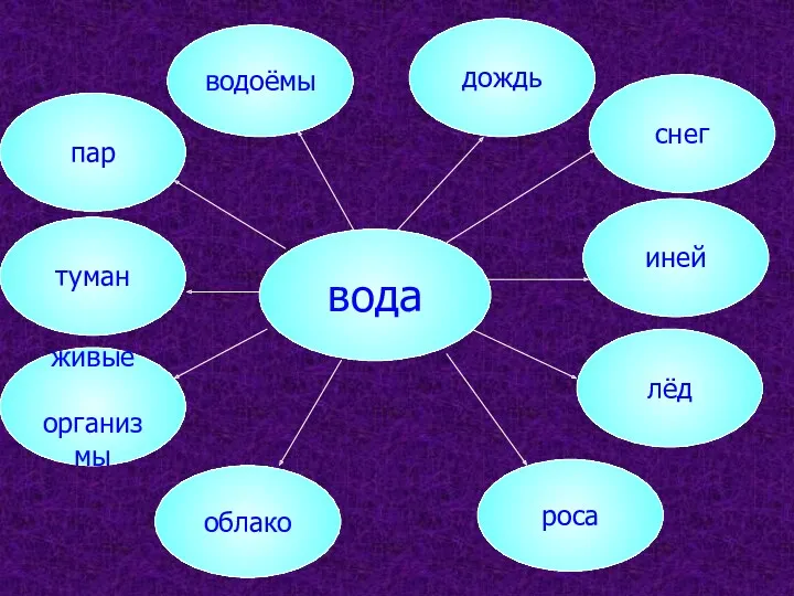 вода водоёмы дождь облако роса снег иней лёд пар туман живые организмы