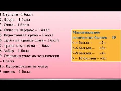 1.Ступени –1 балл 2. Дверь – 1 балл 3. Окно