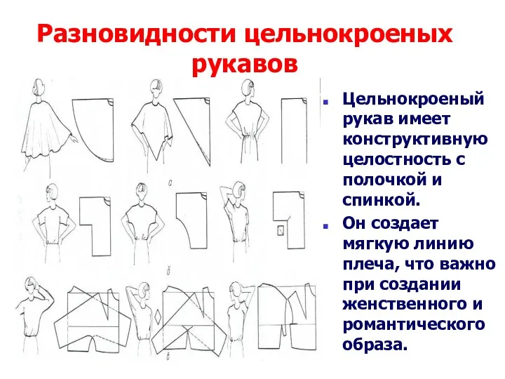 Разновидности цельнокроеных рукавов Цельнокроеный рукав имеет конструктивную целостность с полочкой