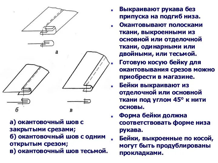 а) окантовочный шов с закрытыми срезами; б) окантовочный шов с