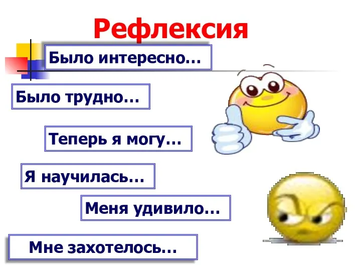 Рефлексия Было интересно… Было трудно… Теперь я могу… Я научилась… Меня удивило… Мне захотелось…