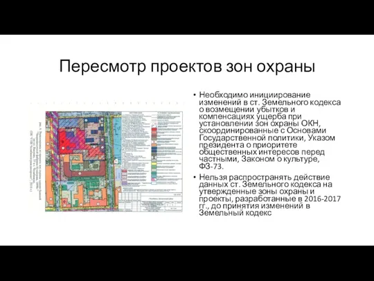 Пересмотр проектов зон охраны Необходимо инициирование изменений в ст. Земельного