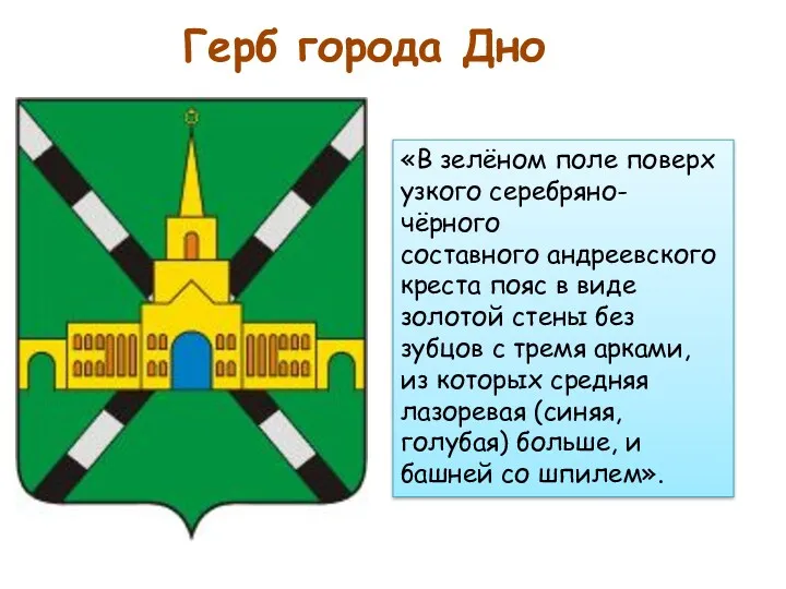 Герб города Дно «В зелёном поле поверх узкого серебряно-чёрного составного