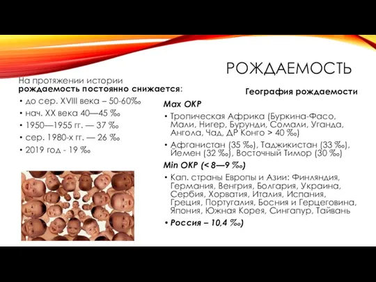 РОЖДАЕМОСТЬ На протяжении истории рождаемость постоянно снижается: до сер. XVIII