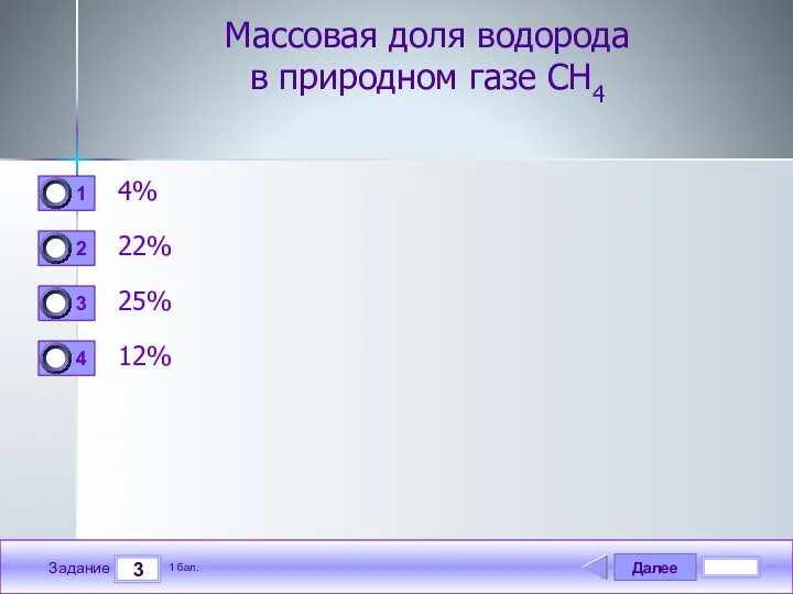 Далее 3 Задание 1 бал. Массовая доля водорода в природном газе СН4 4% 22% 25% 12%