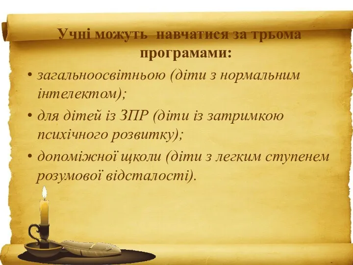 Учні можуть навчатися за трьома програмами: загальноосвітньою (діти з нормальним