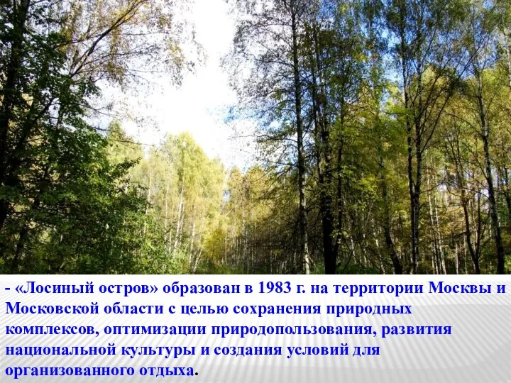 - «Лосиный остров» образован в 1983 г. на территории Москвы