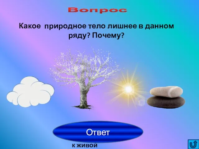 Вопрос Дерево относится к живой природе Ответ Какое природное тело лишнее в данном ряду? Почему?