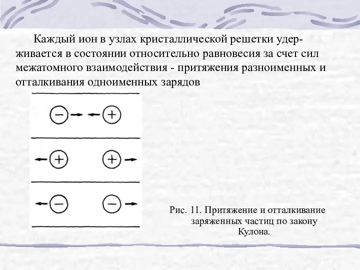 Каждый ион в узлах кристаллической решетки удер-живается в состоянии относительно