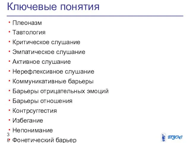 Ключевые понятия Плеоназм Тавтология Критическое слушание Эмпатическое слушание Активное слушание