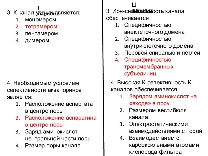 I вариант I I вариант 3. Ион-селективность канала обеспечивается Специфичностью