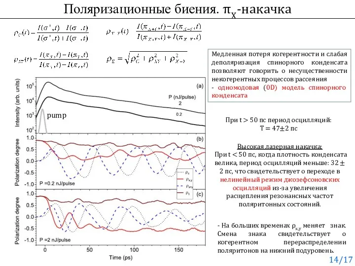 Поляризационные биения. πX-накачка pump Медленная потеря когерентности и слабая деполяризация