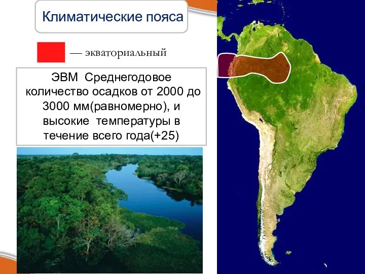 Климатические пояса — экваториальный ЭВМ Среднегодовое количество осадков от 2000 до 3000 мм(равномерно),
