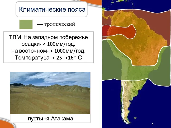 Климатические пояса — тропический пустыня Атакама ТВМ На западном побережье осадки- на восточном-