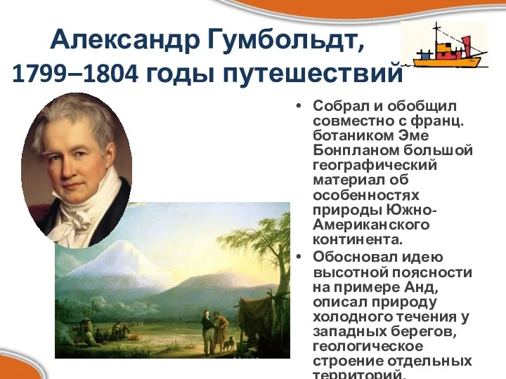 Александр Гумбольдт, 1799–1804 годы путешествий Собрал и обобщил совместно с франц. ботаником Эме