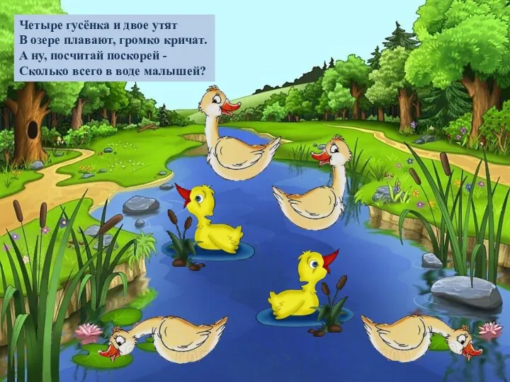 Четыре гусёнка и двое утят В озере плавают, громко кричат.