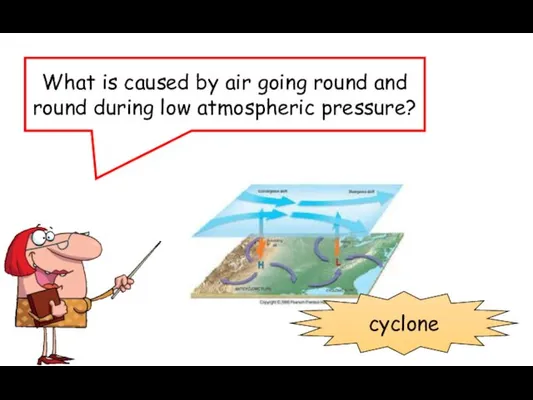 What is caused by air going round and round during low atmospheric pressure? cyclone