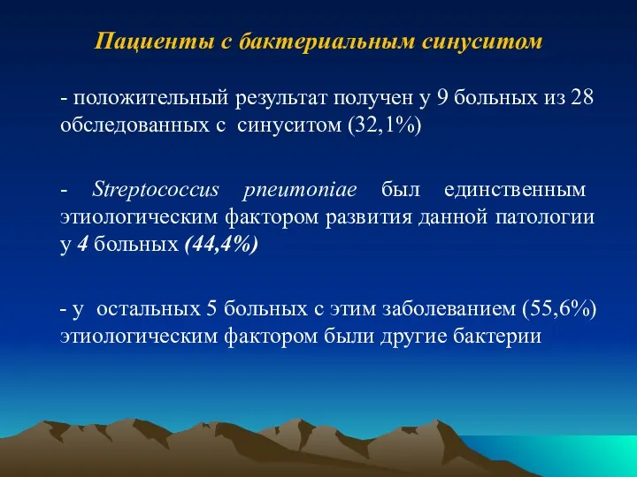 - положительный результат получен у 9 больных из 28 обследованных с синуситом (32,1%)