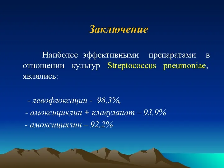 Заключение Наиболее эффективными препаратами в отношении культур Streptococcus pneumoniae, являлись: - левофлоксацин -