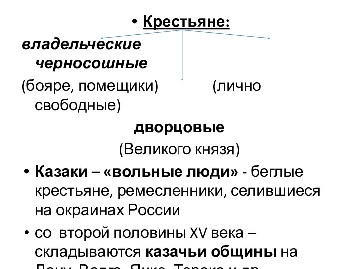 Крестьяне: владельческие черносошные (бояре, помещики) (лично свободные) дворцовые (Великого князя)