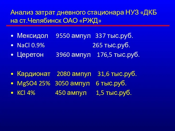 Анализ затрат дневного стационара НУЗ «ДКБ на ст.Челябинск ОАО «РЖД»