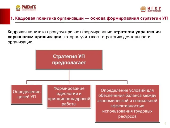 Кадровая политика предусматривает формирование стратегии управления персоналом организации, которая учитывает