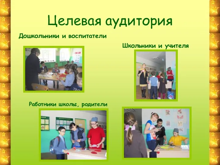 Целевая аудитория Дошкольники и воспитатели Работники школы, родители Школьники и учителя