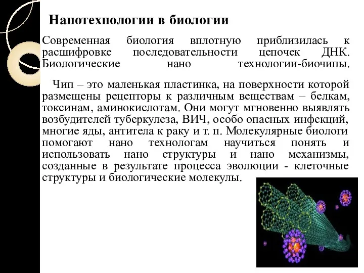 Нанотехнологии в биологии Современная биология вплотную приблизилась к расшифровке последовательности