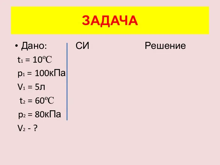 Дано: СИ Решение t1 = 10ºC p1 = 100кПа V1