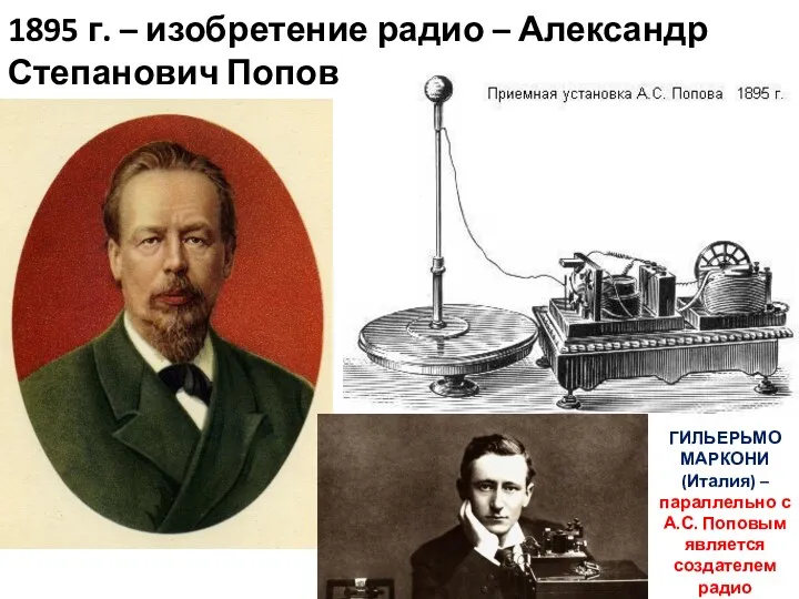 1895 г. – изобретение радио – Александр Степанович Попов ГИЛЬЕРЬМО МАРКОНИ (Италия) –