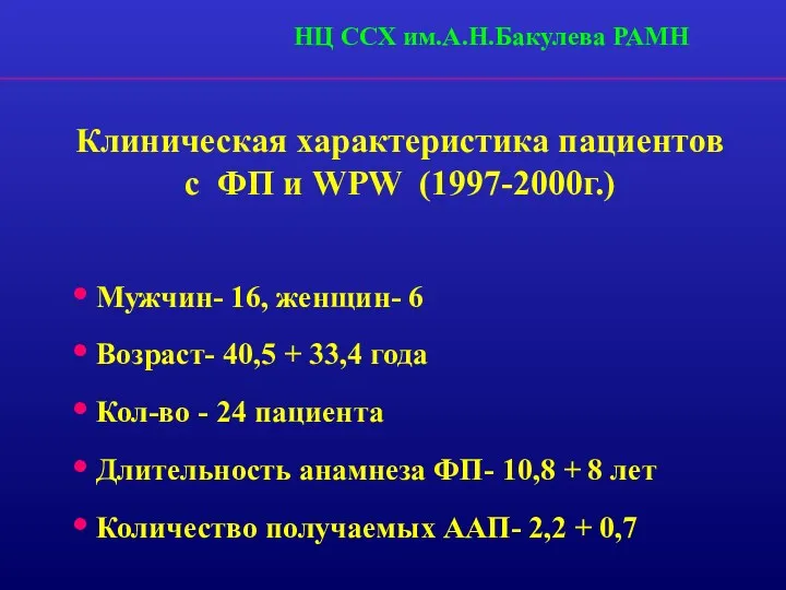 Клиническая характеристика пациентов c ФП и WPW (1997-2000г.) Мужчин- 16, женщин- 6 Возраст-