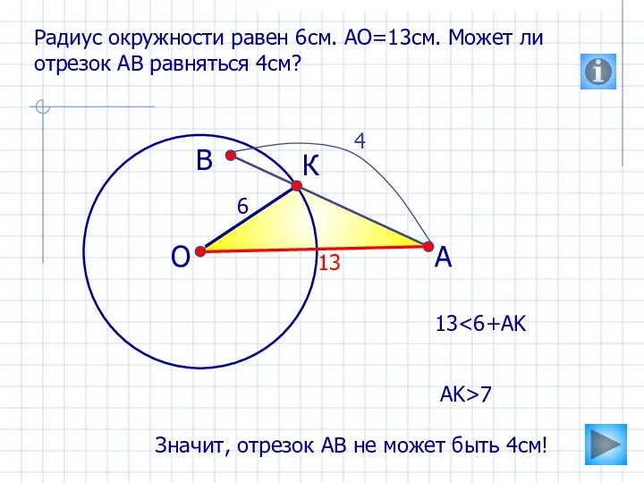 О В А Радиус окружности равен 6см. АО=13см. Может ли