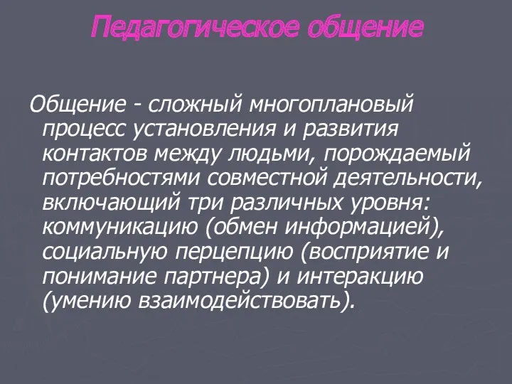 Педагогическое общение Общение - сложный многоплановый процесс установления и развития