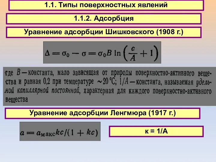 1.1. Типы поверхностных явлений 1.1.2. Адсорбция Уравнение адсорбции Шишковского (1908