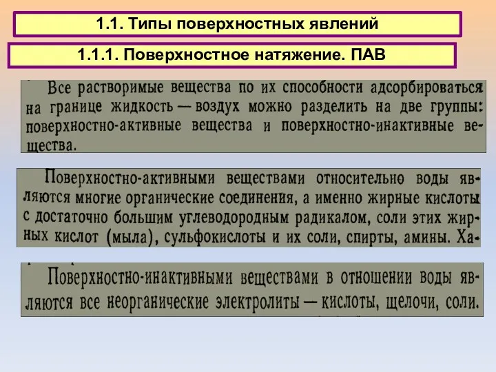 1.1. Типы поверхностных явлений 1.1.1. Поверхностное натяжение. ПАВ