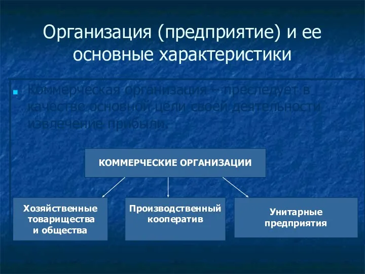 Организация (предприятие) и ее основные характеристики Коммерческая организация – преследует