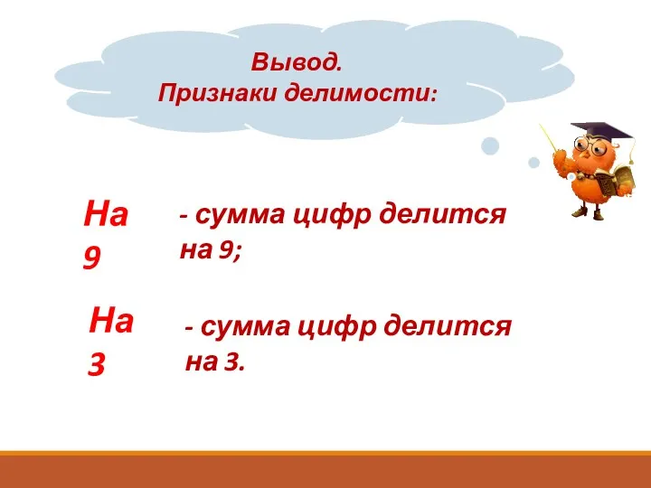 Вывод. Признаки делимости: На 9 На 3 - сумма цифр