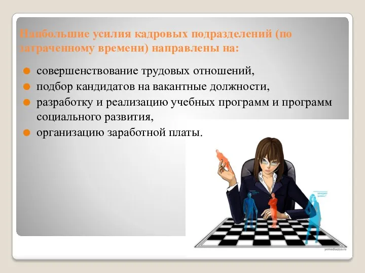 Наибольшие усилия кадровых подразделений (по затраченному времени) направлены на: совершенствование