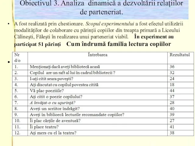 Obiectivul 3. Analiza dinamică a dezvoltării relaţiilor de parteneriat. A