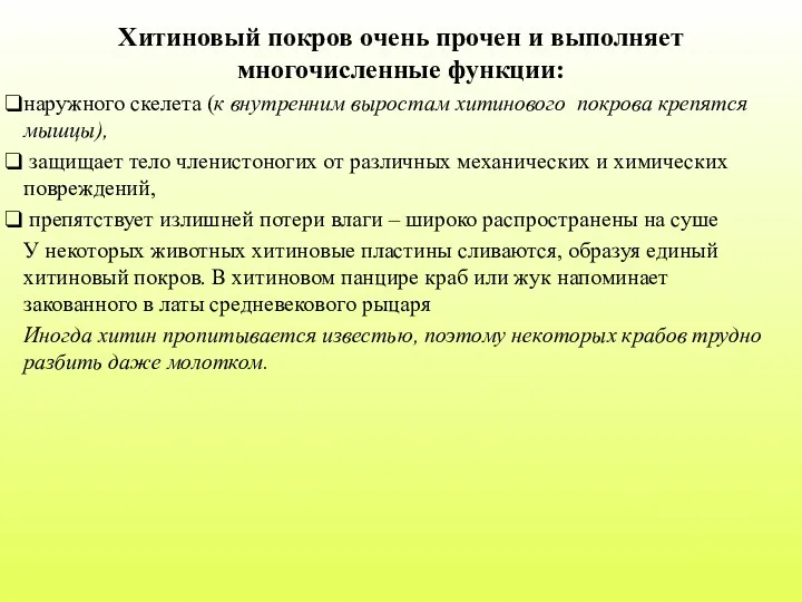 Хитиновый покров очень прочен и выполняет многочисленные функции: наружного скелета