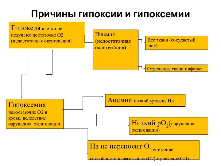 Гипоксия клетки не получают достаточно О2 (недостаточная оксигенация) Ишемия (недостаточная