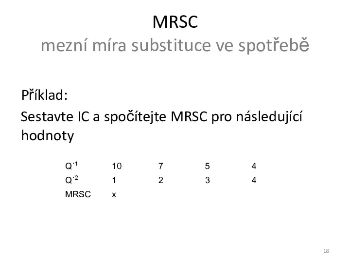 MRSC mezní míra substituce ve spotřebě Příklad: Sestavte IC a spočítejte MRSC pro následující hodnoty