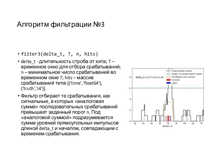 Алгоритм фильтрации №3 filter3(delta_t, T, n, hits) delta_t - длительность