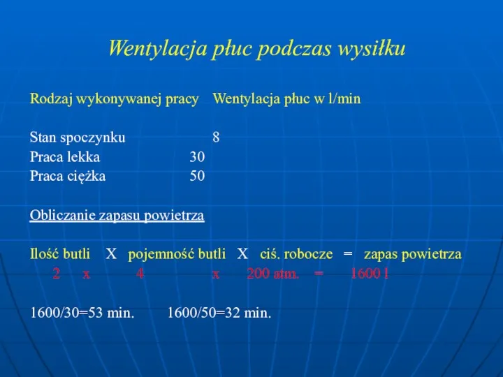 Wentylacja płuc podczas wysiłku Rodzaj wykonywanej pracy Wentylacja płuc w