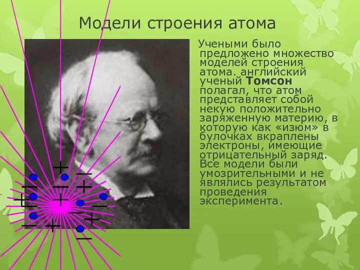 Модели строения атома Учеными было предложено множество моделей строения атома. английский ученый Томсон