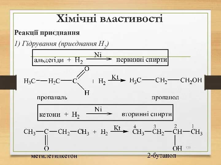 Хімічні властивості Реакції приєднання 1) Гідрування (приєднання Н2)
